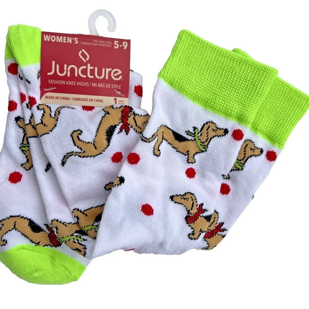 Women's Juncture - White/Red/Brown Dachshund Dog Polka Dot Knee High Socks 6-9